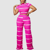 Conjunto de pierna ancha de punto acanalado con estampado de rayas